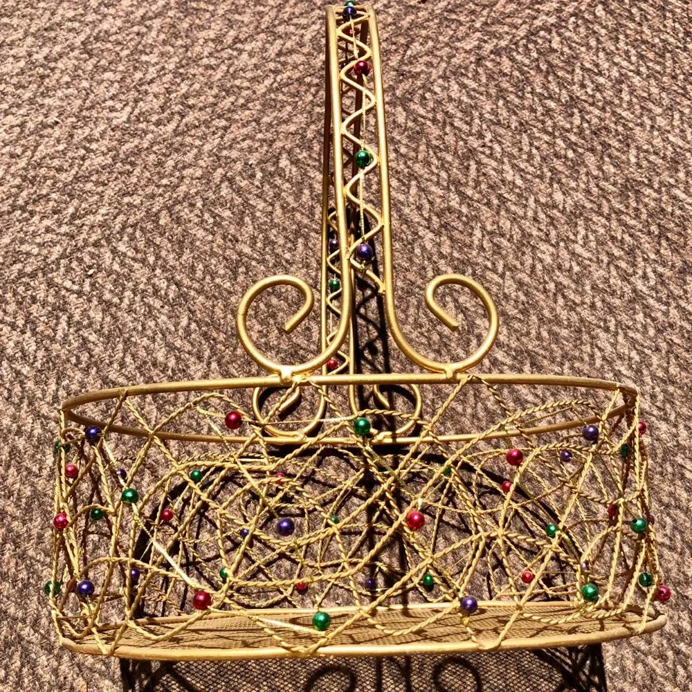 Pier 1 Gold Wired Red Green Purple Beads Tray Basket Storage Decor 11' x 9